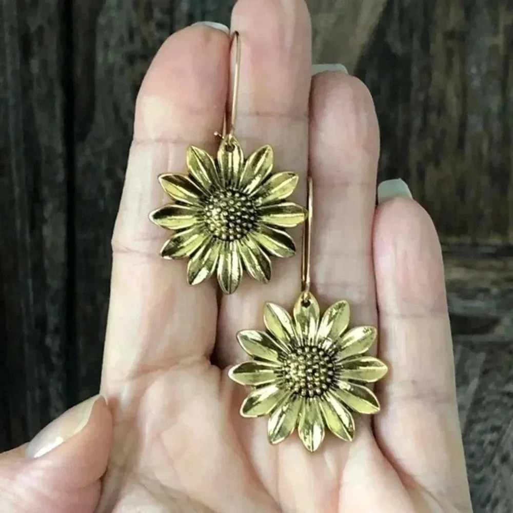 Gold Tone Sunflower Flower Drop Earrings